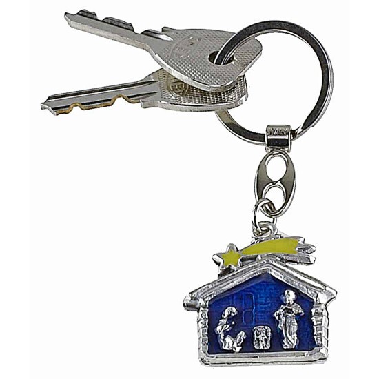 Portachiavi in metallo con capanna e Natività metallo, capanna