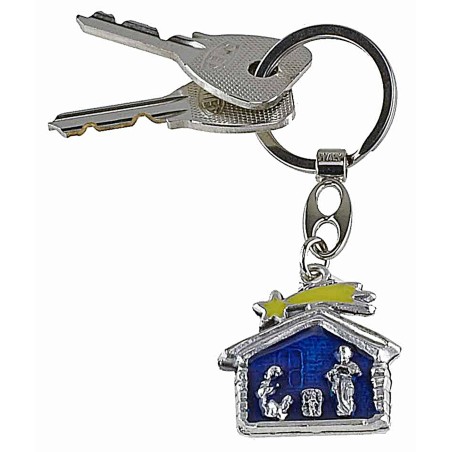 Portachiavi in metallo con capanna e Natività metallo, capanna