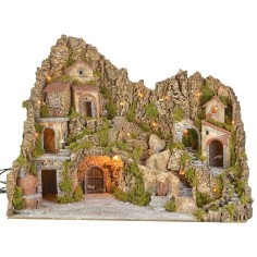 Pesebre iluminado con cueva, fuente, cascada y fuego 2