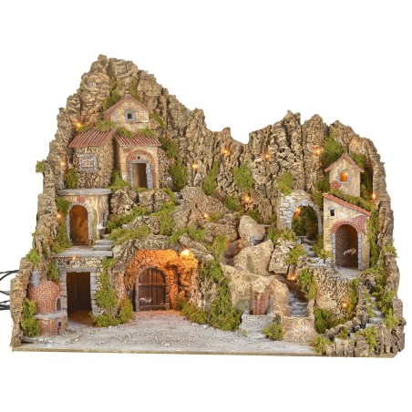 Presepe illuminato con grotta, fontana, cascata e fuoco