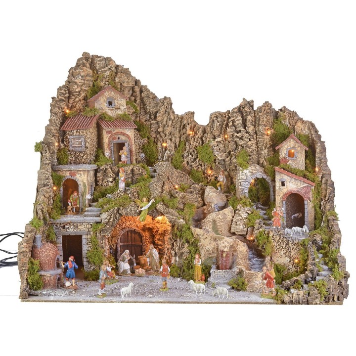Pesebre iluminado con cueva, fuente, cascada y fuego