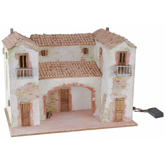 Stuccoed farmhouse with working illuminated fire 50x40x35 cm h