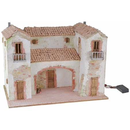 Casale stuccato con fuoco funzionante illuminato cm 50x40x35 h