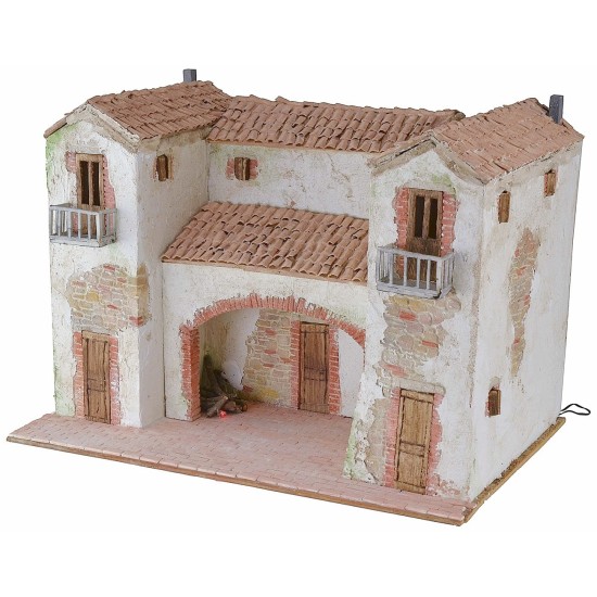 Stuccoed farmhouse with working illuminated fire 50x40x35 cm h