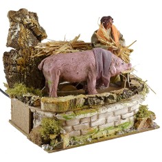 Campesino y cerdo en movimiento cm 12 Mundo Pesebres