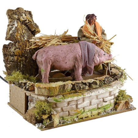 Campesino y cerdo en movimiento cm 12 Mundo Pesebres