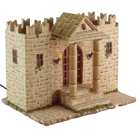 Resin castle with illuminated towers, dimensions 31x25x24.5 cm