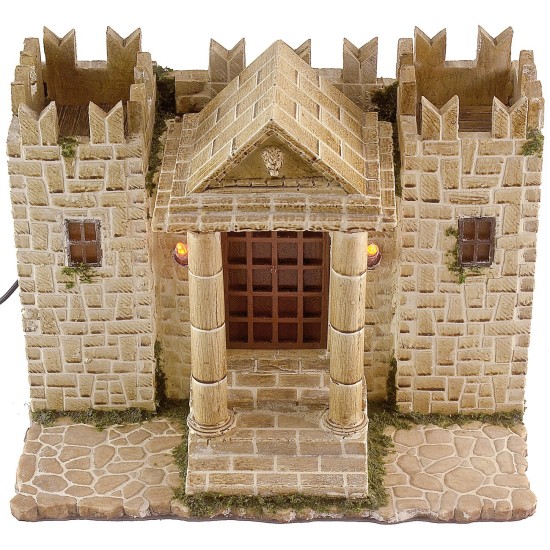 Resin castle with illuminated towers, dimensions 31x25x24.5 cm