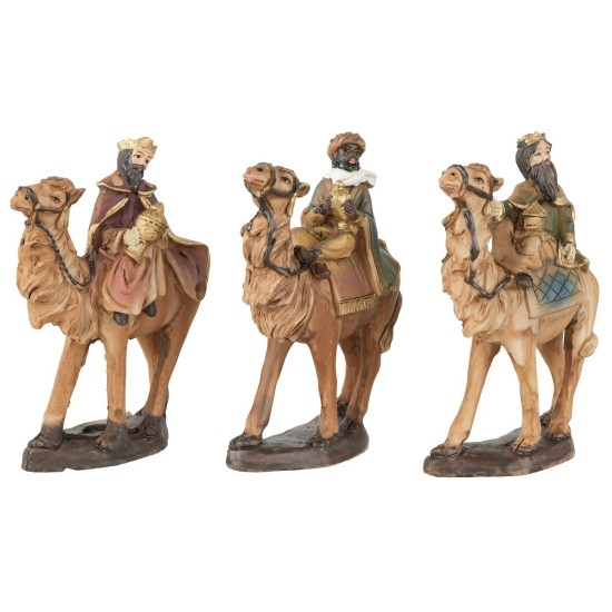 Conjunto de tres Reyes Magos sobre camello de 10 cm de altura en resina.