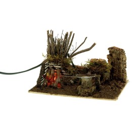 "Functioning fire with a lumberjack setting"