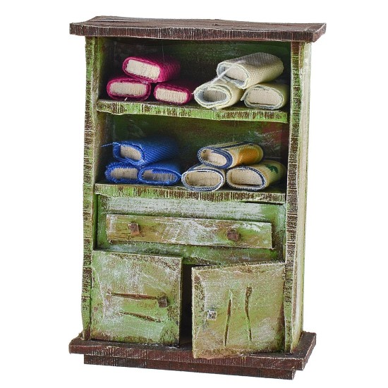 Cabinet with fabric remnants, dimensions 8.5x3.5x12 cm (height), wood