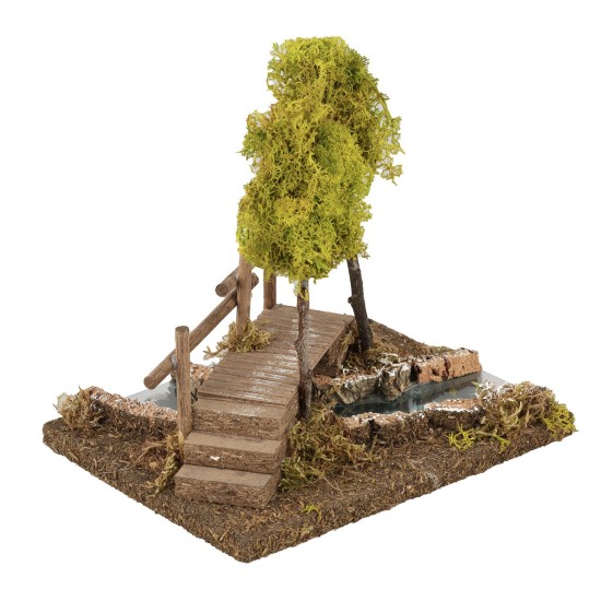 Ponte con fiume ed alberi 20x15x20 cm della, legno, sughero