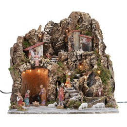 Illuminated nativity scene with working waterfall and fountain complete