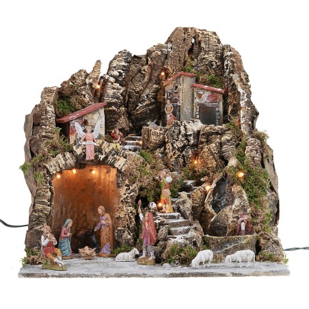 Presepe illuminato con cascata funzionante e statue Landi