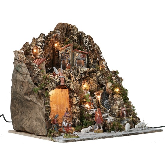 Presepe illuminato con cascata funzionante e statue Landi