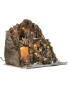 Illuminated nativity scene with working waterfall and fountain complete