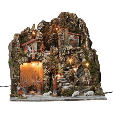 Presepe illuminato con cascata funzionante e statue Landi