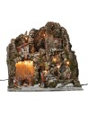 Illuminated nativity scene with working waterfall and fountain complete