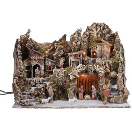 Illuminated nativity scene with working oven and waterfall complete with