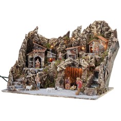 Illuminated nativity scene with working oven and waterfall complete with 2