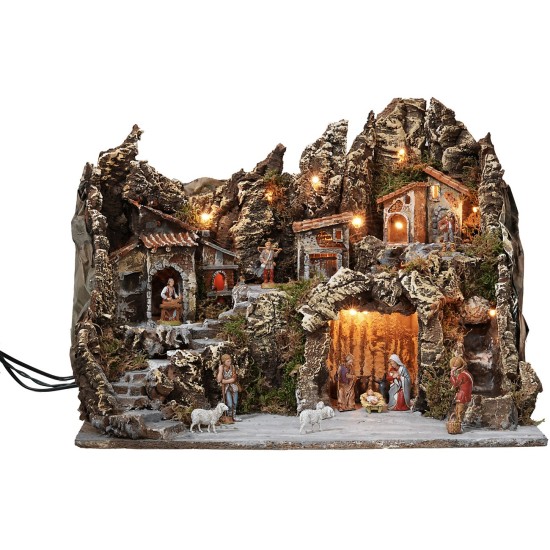 Illuminated nativity scene with working oven and waterfall, complete with