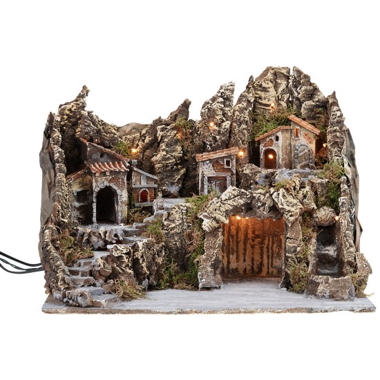 Illuminated nativity scene with working oven and waterfall cm