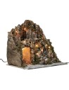 Illuminated nativity scene with waterfall and functioning