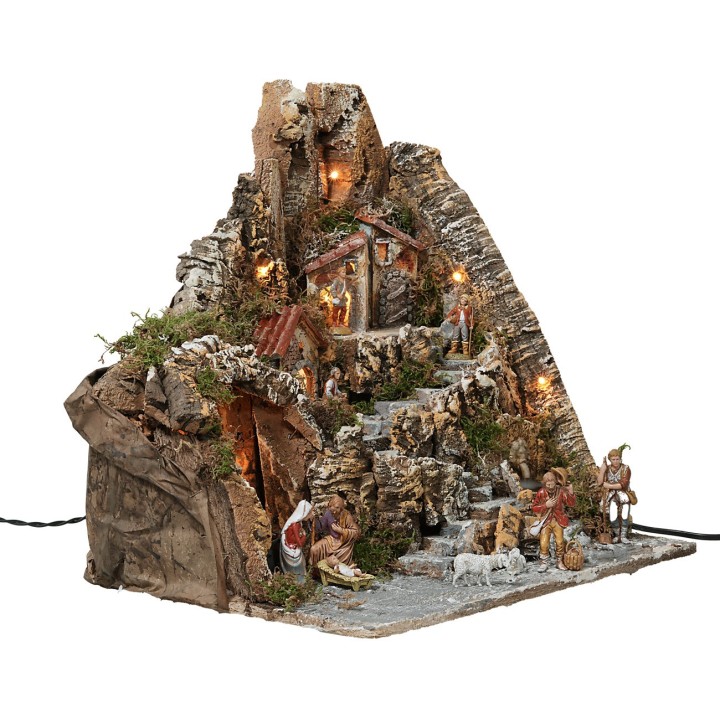 Belén iluminado con fuente funcional completo con estatuas