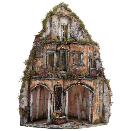 Presepe napoletano illuminato ad angolo con fontana cm 43x43x82