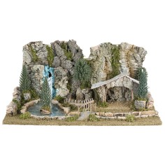 Pesebre con cabaña, lago y río efecto profundidad cm 56X36X25 h