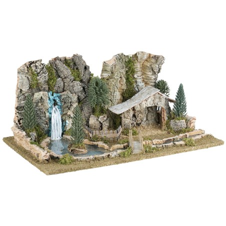 Presepe con capanna, lago e fiume effetto profondità cm