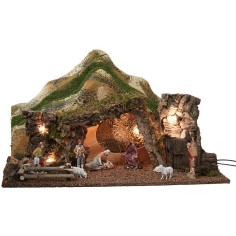 Capanna illuminata con montagne completa di statue cm 57x34x33 h 2