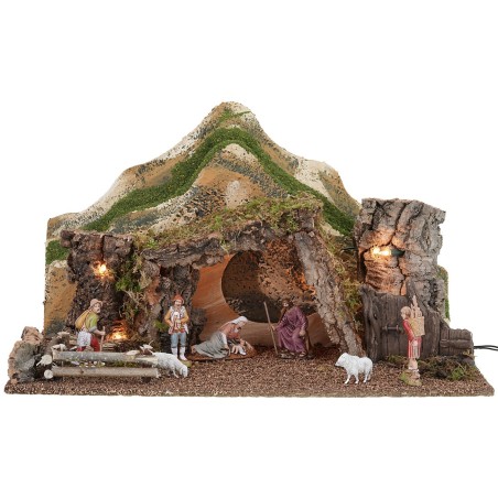 Capanna illuminata con montagne completa di statue cm 57x34x33 h