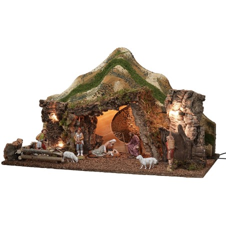 Capanna illuminata con montagne completa di statue cm 57x34x33 h