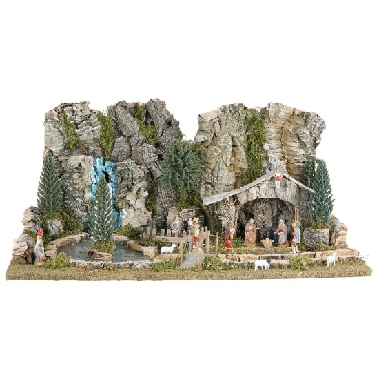 Nativity scene with hut, lake, and river with depth effect