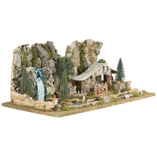 Pesebre con cabaña, lago y río efecto profundidad completo de