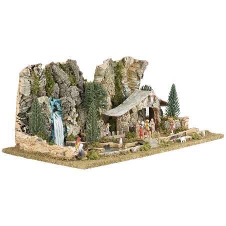 Pesebre con cabaña, lago y río efecto profundidad completo de