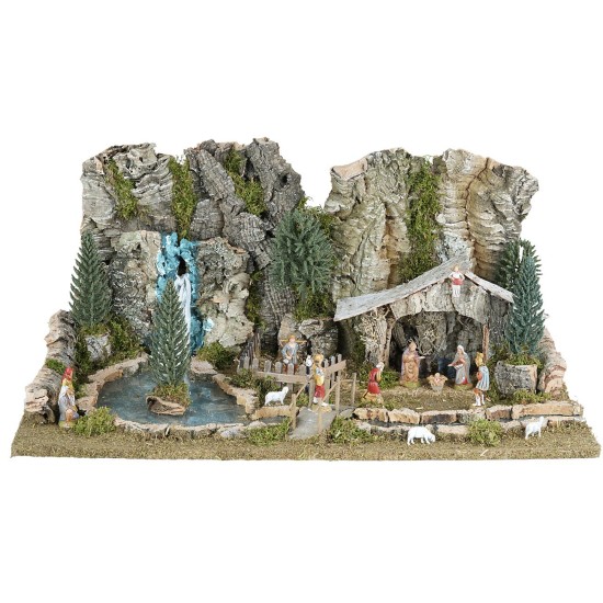 Pesebre con cabaña, lago y río efecto profundidad completo de