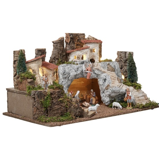 Presepe con grotta in pietra bianca completo di statue Landi