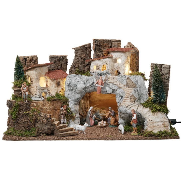 Nacimiento con gruta de piedra blanca completo con estatuas Landi