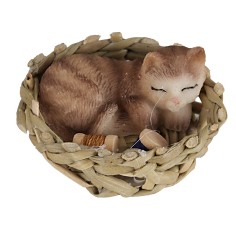 Gatto marrone striato che dorme in una cesta marrone, striato 2