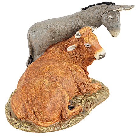 Set bue e asino in resina serie Martino Landi 12 cm base