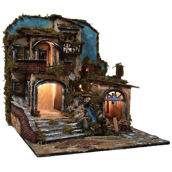 Illuminated nativity scene with working waterfall and flame