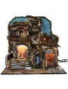 Illuminated nativity scene with working waterfall and fire effect
