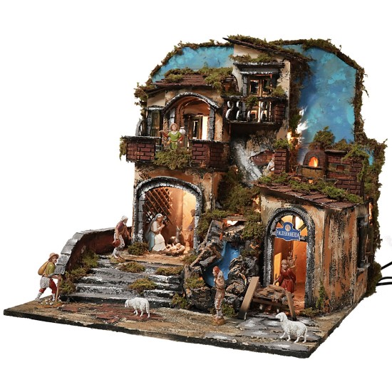 Illuminated nativity scene with functioning waterfall and fire effect