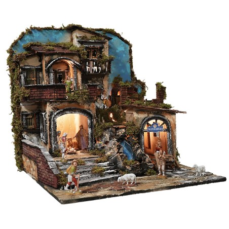 Illuminated nativity scene with working waterfall and fire effect