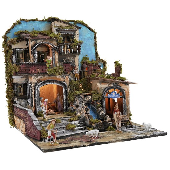 Illuminated nativity scene with functioning waterfall and fire effect