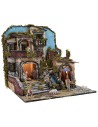 Illuminated nativity scene with working waterfall and fire effect