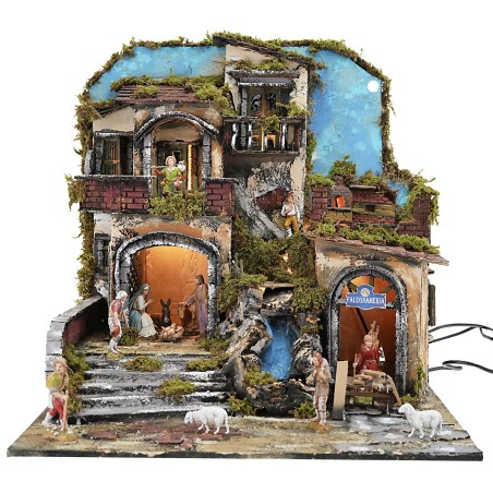 Presepe illuminato con cascata funzionante e fuoco effetto