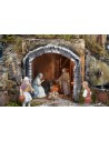 Pesebre iluminado completo de estatuas con cascada, fuente y